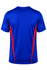 A blue t-shirt with red side panels and short sleeves. It features a logo on the back.