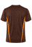 A brown T-shirt featuring orange side panels, designed for casual wear. The shirt has a logo on the back.