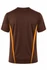 A brown T-shirt featuring orange side panels, designed for casual wear. The shirt has a logo on the back.
