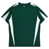 A green and white T-shirt featuring contrasting panels and a logo on the neckline.