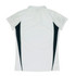A white polo shirt featuring black side panels and a collar, with a logo on the back.