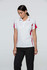 A women's polo shirt in white with red accents and a logo on the chest. Designed for casual wear.