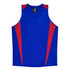 A blue singlet with red accents, featuring a v-neck design and a logo on the label.