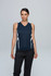 A navy singlet with white side panels, featuring a logo, modelled by a woman.