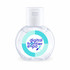 A clear bottle of hand sanitiser with a white cap, featuring a logo in blue and green.