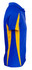 A blue polo shirt with yellow side panels and a collar, featuring a logo on the chest.