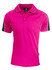A pink polo shirt featuring black accents and a collar, with a logo on the front.