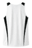 A white singlet with black side panels and a logo on the back. Suitable for casual or athletic wear.