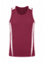 A maroon men's singlet with white side stripes, featuring a logo on the front.