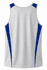A sleeveless white singlet with blue side panels and a logo. Suitable for casual or athletic wear.