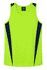A bright lime green singlet with navy blue side panels and a logo on the upper label.