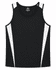 A black singlet with white side panels and a logo at the top. Suitable for athletic wear.