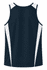 A navy singlet with white side panels and a branding logo on the back.