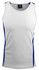 A white singlet with blue side accents and a logo on the neckline.