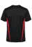 A black T-shirt with red side stripes and a logo on the back.