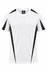 A white T-shirt with black accents and a logo on the neckline, designed as a men's activewear top.
