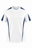 A white t-shirt with navy blue accents on the sleeves, featuring a logo on the front.