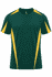 A green and yellow men's t-shirt featuring a sporty design and a logo on the upper front.