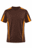A brown T-shirt with orange accents and a logo on the front, designed for men's wear.