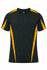 A black and yellow men's t-shirt featuring a logo on the neckline and contrasting side panels.