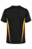 A black T-shirt featuring yellow side stripes and a logo on the back. Perfect for casual wear.