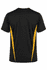 A black T-shirt featuring yellow side stripes and a logo on the back. Perfect for casual wear.