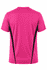 A pink athletic T-shirt with black side panel accents and a crew neck design. It features a logo on the back.
