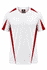 A white t-shirt featuring red side accents and a branding logo. Suitable for casual wear or team activities.