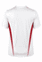 A white men's T-shirt with red side panels and a logo. Suitable for casual wear or promotional events.