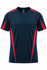A navy blue t-shirt with red accents and a logo on the upper chest. Suitable for casual wear.
