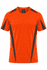 An orange T-shirt with black detailing and a logo on the neckline. Suitable for casual wear.