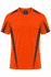 An orange T-shirt with black detailing and a logo on the neckline. Suitable for casual wear.