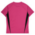 A bright pink T-shirt features black side accents and a simple design, suitable for children's wear.