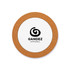 A circular cork coaster featuring a white surface with a logo printed in black.
