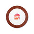 A round coaster featuring a white centre with a red and pink mountain graphic, framed by a wooden border and a logo.