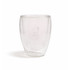 A double wall glass cup in a transparent design with a branding logo on the side.