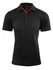 A black polo shirt with red accents, featuring a collar and button placket. Includes branding.