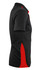 A black polo shirt with red side panels and short sleeves, featuring a logo on the chest.