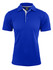 A blue men's polo shirt with a three-button placket and contrasting collar, featuring a logo on the chest.
