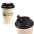 A reusable coffee cup in a natural colour with a black comfort lid and a logo.
