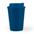 A drink cup with a comfort lid in a deep navy blue colour, featuring a simple design and a logo.