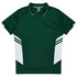 A green polo shirt with white accents and a collar, featuring a branding logo.