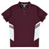 A maroon polo shirt with white side panels and a collar, featuring a logo on the chest.