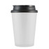 A reusable coffee cup in frosted white with a black lid, featuring a logo on the side.
