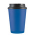 A reusable blue coffee cup with a black lid, featuring a logo on the surface.
