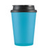 A reusable coffee cup in a vibrant blue, featuring a black lid and a smooth design. It has a logo on the side.