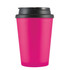 A reusable coffee cup featuring a vibrant pink body and a black handle lid. It also includes a logo.