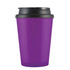A reusable coffee cup in vibrant purple with a black handle lid, featuring a logo.