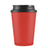 A reusable coffee cup in vibrant red with a black handle lid, featuring a logo.