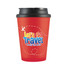 A reusable red coffee cup with a black lid and a logo featuring travel-themed graphics.